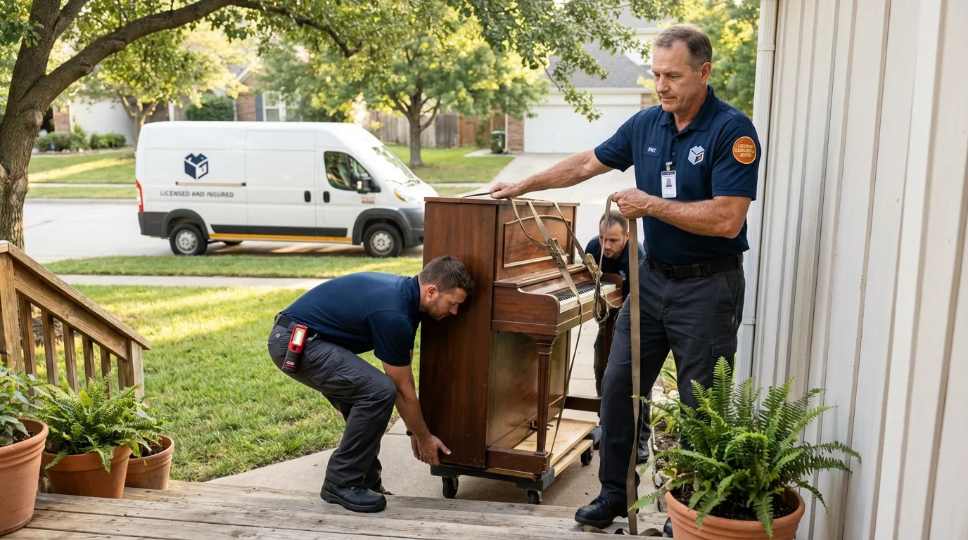 Licensed piano movers securing grand piano in Tuscaloosa, AL