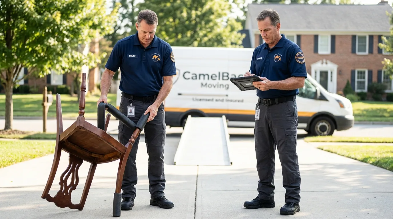 Movers inspecting furniture for damage prevention before loading in Tuscaloosa, AL
