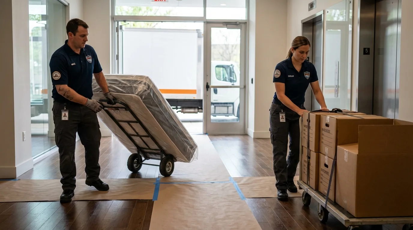 Professional apartment movers loading elevator in Tuscaloosa, AL