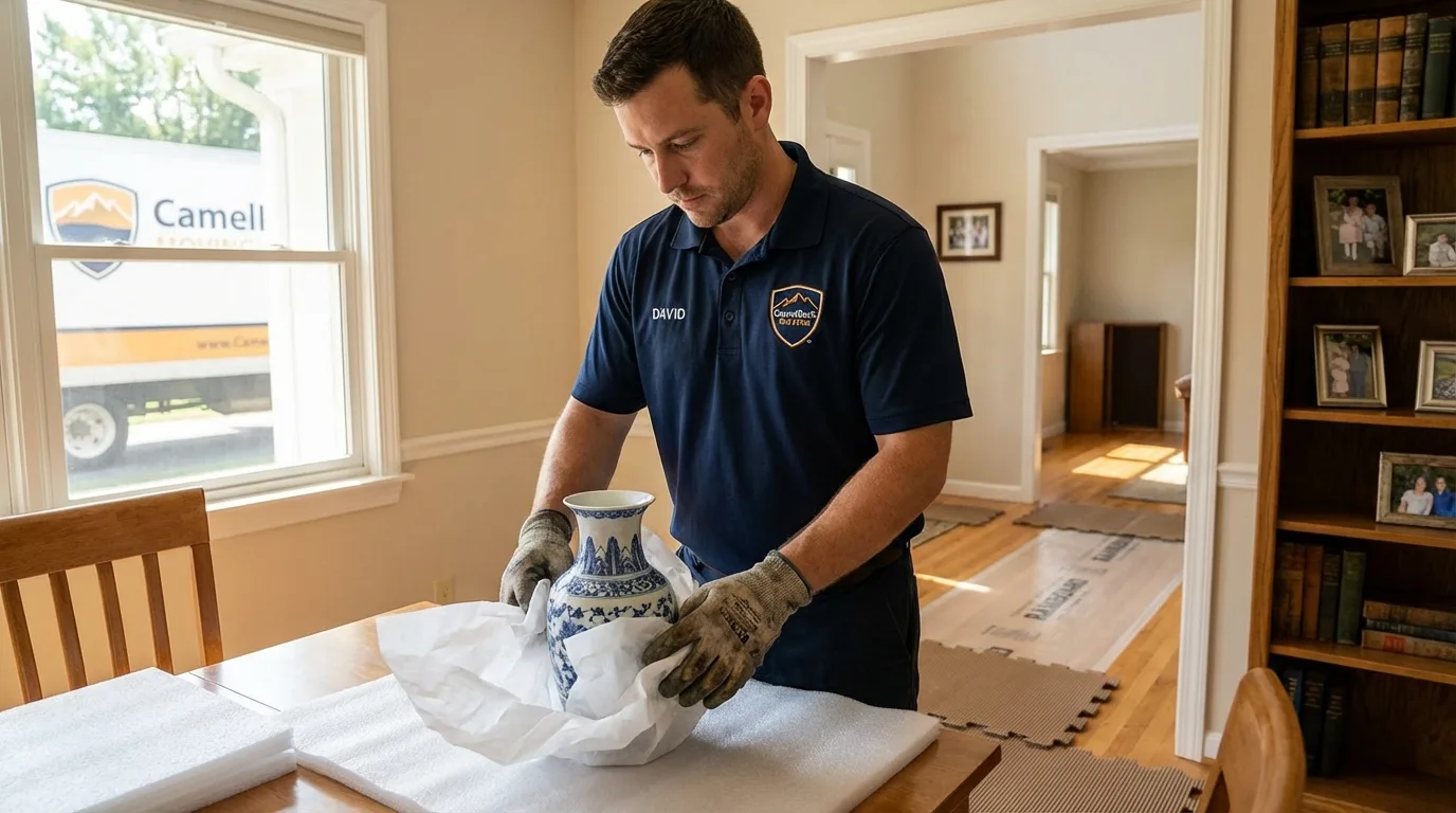 Professional crew carefully wrapping antique vase for senior downsizing move in Tuscaloosa, AL